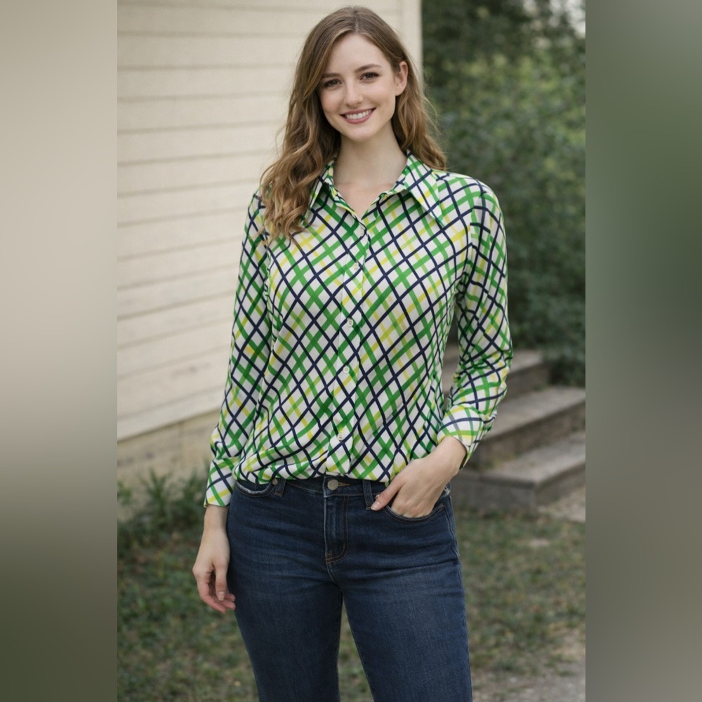 Vintage 70s Green Yellow Checkered Plaid Polyester Shirt